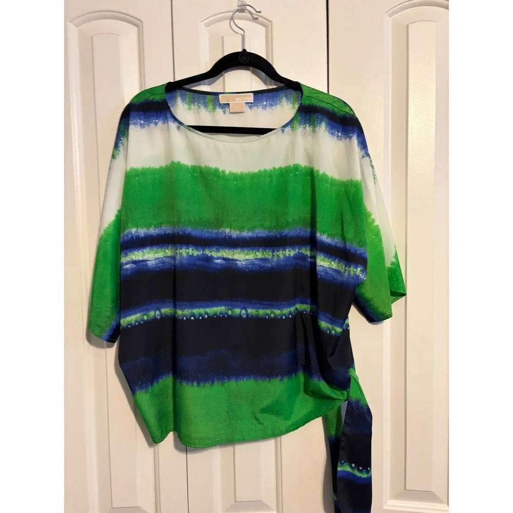 MICHAEL KORS Women's 1X Tie Waist Kimono‎ Sleeve Top Abstract Print